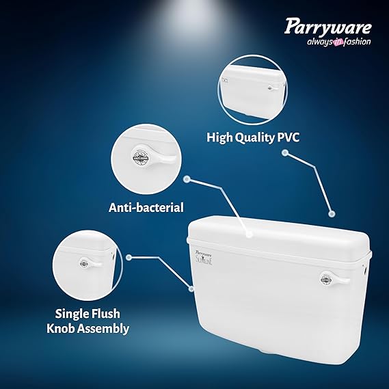 Parryware Slimline Single Flush Polymer Cistern for Toilet | Polypropylene White Flush Tank | With complete flushing set | E80901C