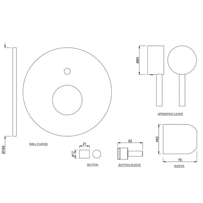 JAQUAR FLORENTINE Series Single Lever Exposed Parts Kit of Hi-flow Diverter Operating Lever, Cartridge Sleeve, Wall Flange (with Seals), Button Assembly Sleeve & Button