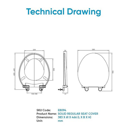 Parryware Solid Toilet Seat Cover (Standard Size, Ultra White) I Polypropylene Round Seat Cover | E80941C