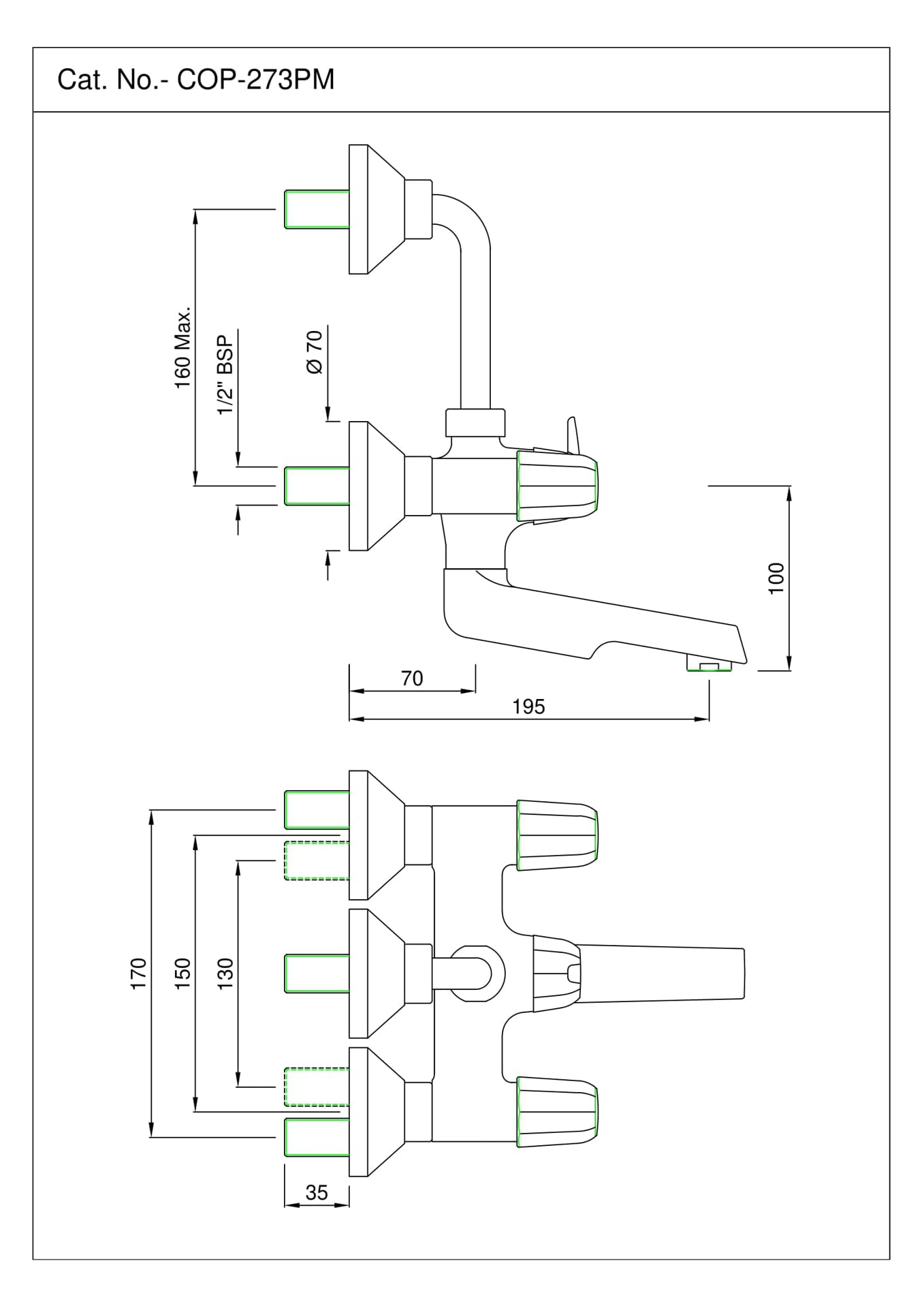 JAQUAR CONTINENTAL PRIME Series Normal Flow Exposed Part Kit 2 WAY DIVERTER (Chrome), COP-273PM | Connections - Only to Spout & Overhead Shower | Wall Mounted, Knob Selector No Button