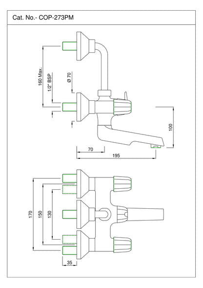 JAQUAR CONTINENTAL PRIME Series Normal Flow Exposed Part Kit 2 WAY DIVERTER (Chrome), COP-273PM | Connections - Only to Spout & Overhead Shower | Wall Mounted, Knob Selector No Button