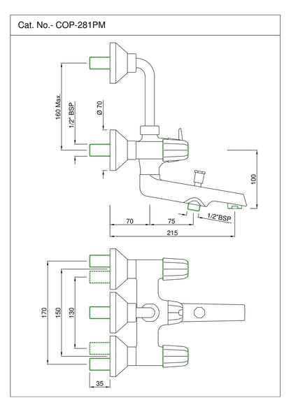 JAQUAR CONTINENTAL PRIME Series Normal Flow Exposed Part Kit 3 WAY DIVERTER (Chrome), COP-281PM | Connections - Only to Spout & Hand Shower, Overhead Shower | Wall Mounted, Knob Selector With Button