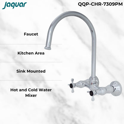 JAQUAR QUEEN'S PRIME Series Wall Mount Swinging Spout HOT and COLD SINK MIXER (Chrome) | CENTER LEVER, Brass Body Water Tap/Faucet/Cock for Bathroom/Kitchen Wash Basin | QQP-CHR-7309PM