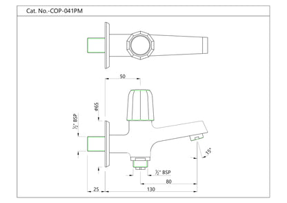 JAQUAR Continental Prime Series Wall Mounted WC Area Two Way BIB Cock (Chrome) | Top Lever, Bottom Second Outlet, Brass Body, with Wall Flange | Bib Cocke/Cocktap, 1/2 inch | COP-CHR-041PM | Refurbished